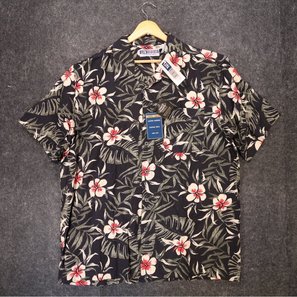 Untied Button Up Shirt Mens XL Black New Vintage Tropical Silk Floral